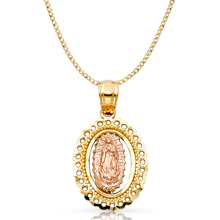 14K Gold Guadalupe Pendant with 2.3mm Hollow Cuban Chain