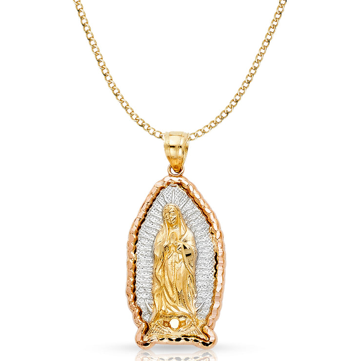 14K Gold Guadalupe Pendant with 2mm Hollow Cuban Bevel Chain