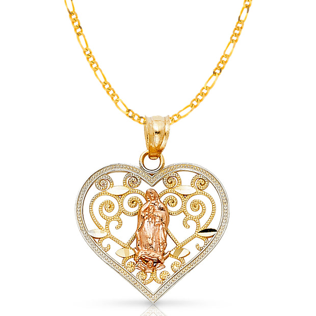 14K Gold Guadalupe Pendant with 2mm Figaro 3+1 Chain