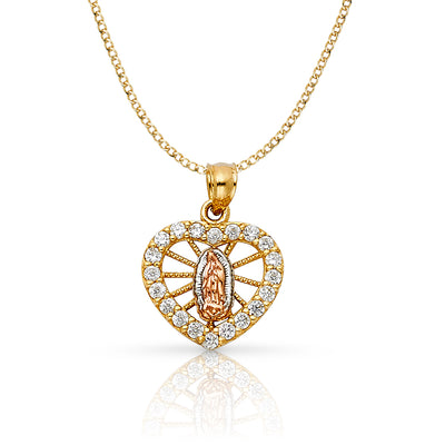 14K Gold Guadalupe Heart CZ Pendant with 2.3mm Hollow Cuban Chain