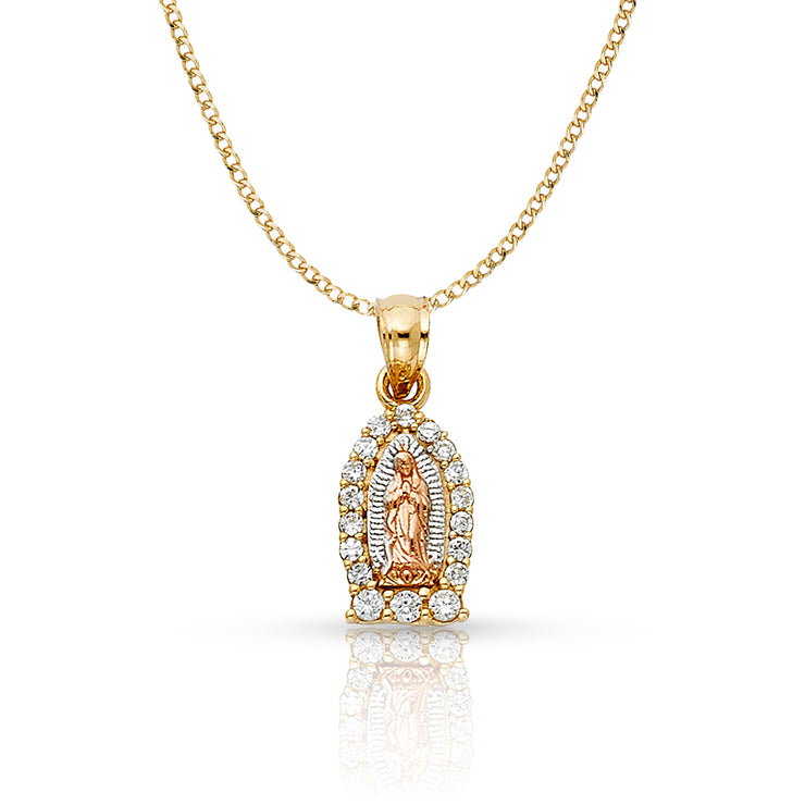 14K Gold Guadalupe CZ Pendant with 2mm Hollow Cuban Bevel Chain