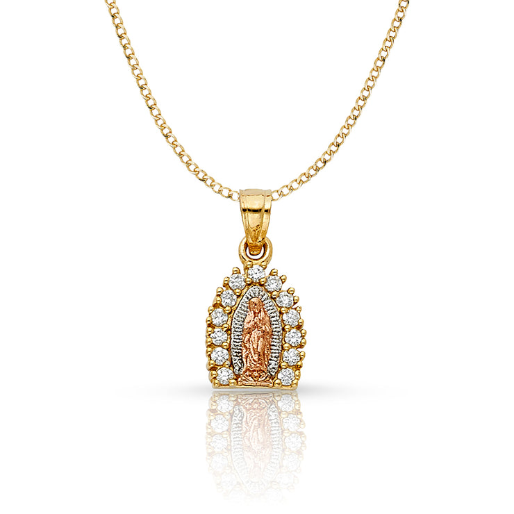 14K Gold Guadalupe CZ Pendant with 2mm Hollow Cuban Bevel Chain