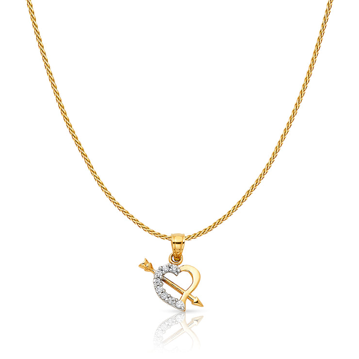 14K Gold CZ Heart With Cupid Arrow Charm Pendant with 0.9mm Wheat Chain Necklace