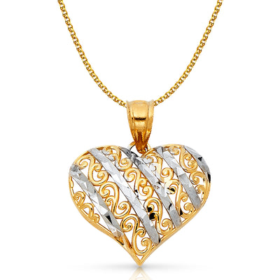 14K Gold Heart Pendant with 1.5mm Flat Open Wheat Chain