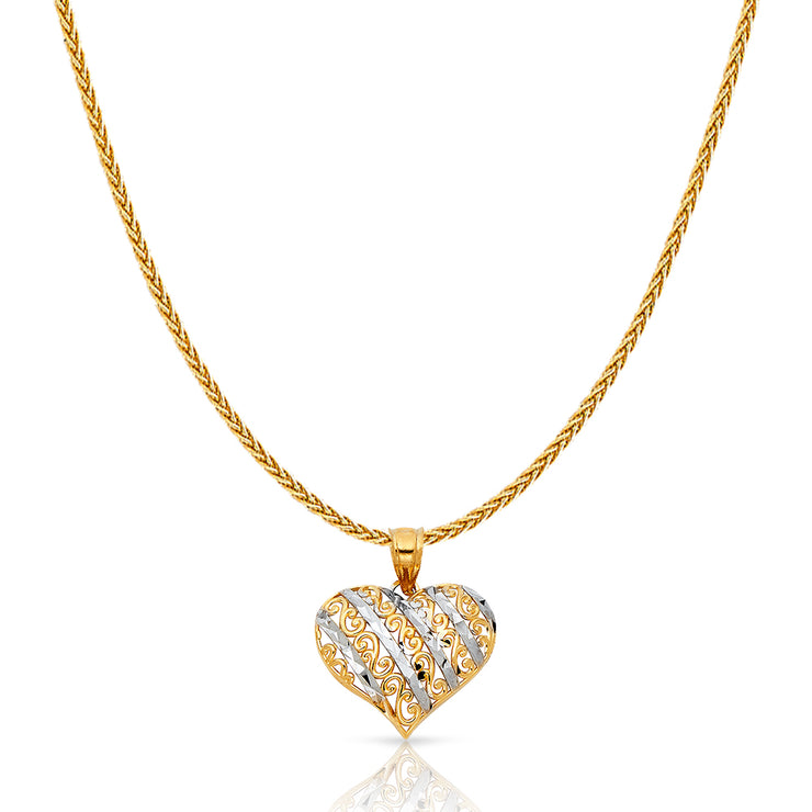 14K Gold Fancy Design Heart Charm Pendant with 1.1mm Wheat Chain Necklace