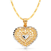 14K Gold Inside Heart Pendant with 2mm Figaro 3+1 Chain