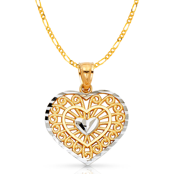 14K Gold Inside Heart Pendant with 2mm Figaro 3+1 Chain