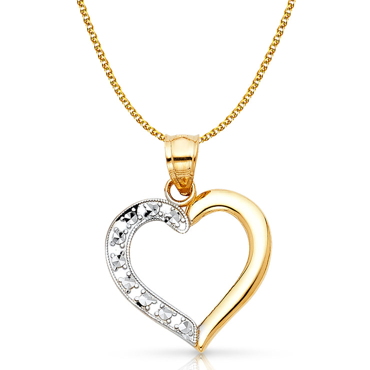 14K Gold Heart Pendant with 1.5mm Flat Open Wheat Chain