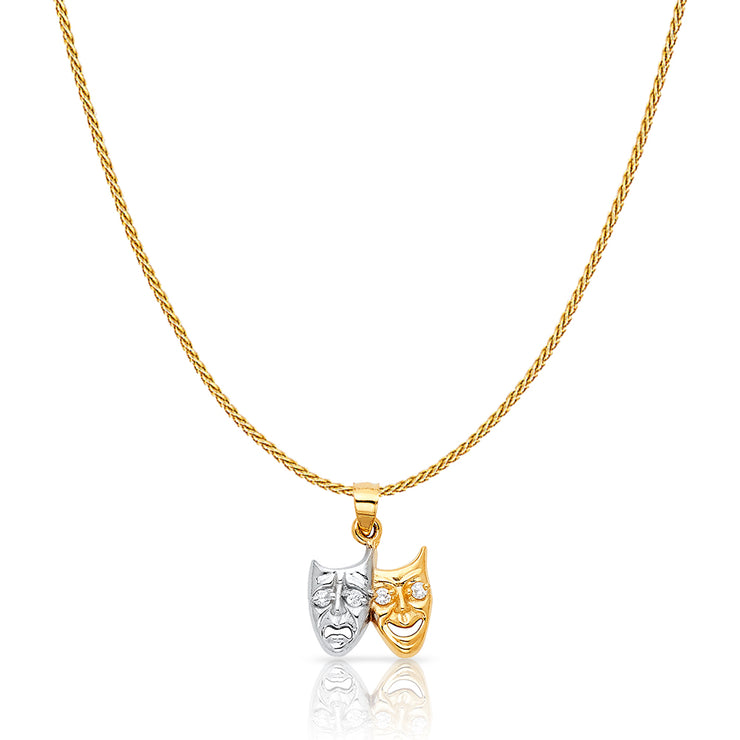 14K Gold Two Face Happy and Sad Charm Pendant with 0.9mm Wheat Chain Necklace