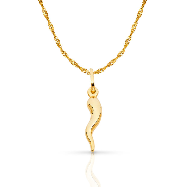 14K Gold Italian Horn Charm Pendant with 1.2mm Singapore Chain Necklace