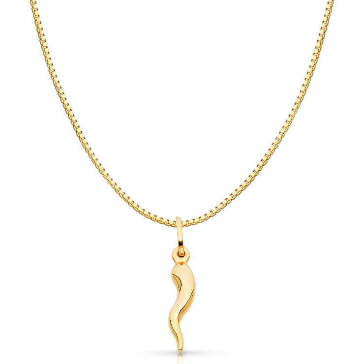 14K Gold Cornicello Italian Horn Fortune Charm Pendant with 0.8mm Box Chain Necklace