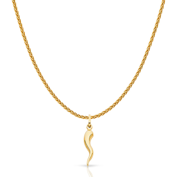 14K Gold Cornicello Italian Horn Fortune Charm Pendant with 1.1mm Wheat Chain Necklace