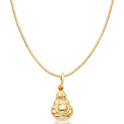 14K Gold Plain Buddha Charm Pendant with 0.8mm Box Chain Necklace