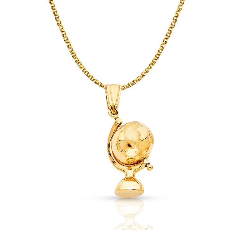 14K Gold Globe Traveler's Charm Pendant with 1.5mm Flat Open Wheat Chain Necklace