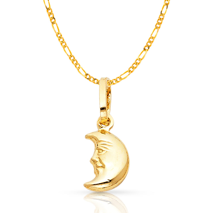 14K Gold Moon Face Charm Pendant with 2mm Figaro 3+1 Chain Necklace