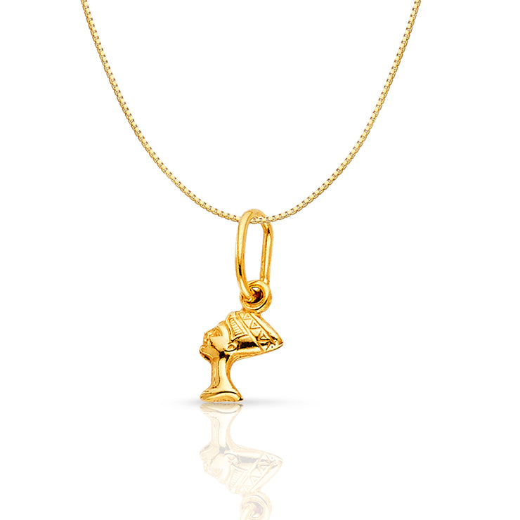 14K Gold Egyptian Queen Pharoah Nefertiti Charm Pendant with 0.6mm Box Chain Necklace