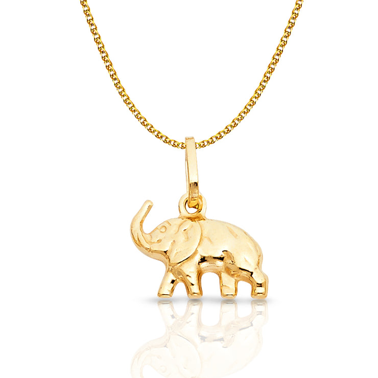 14K Gold Elephant Strength & Luck Charm Pendant with 1.2mm Flat Open Wheat Chain Necklace