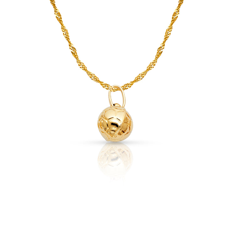 14K Gold Plain Soccer Ball Charm Pendant with 1.2mm Singapore Chain Necklace