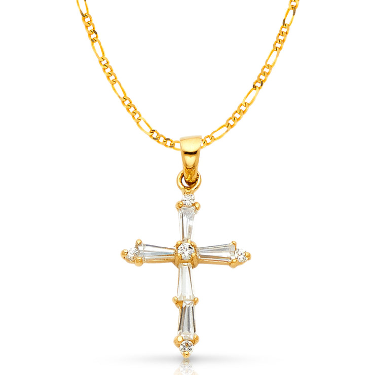 14K Gold Cross Tapered Baguette CZ  Charm Pendant with 2mm Figaro 3+1 Chain Necklace