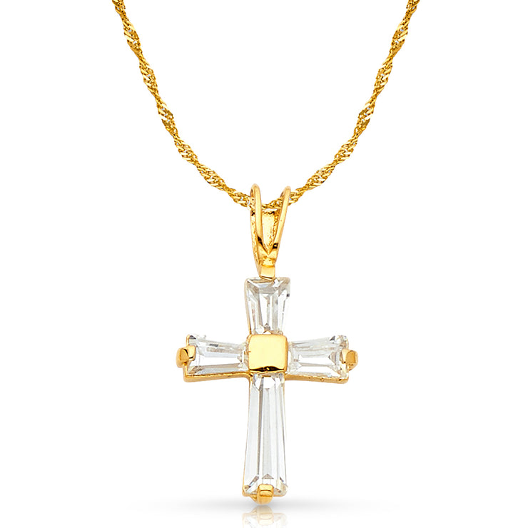 14K White Gold Fancy Cross Tapered Baguette CZ  Charm Pendant with 1.2mm Singapore Chain Necklace