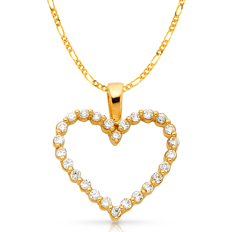 14K Gold Open Fancy Heart Round Cut CZ Charm Pendant with 2mm Figaro 3+1 Chain Necklace