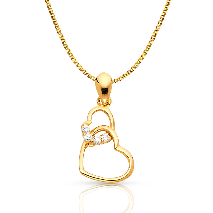 14K Gold Dual Interlocking Hearts CZ Charm Pendant with 1.2mm Flat Open Wheat Chain Necklace