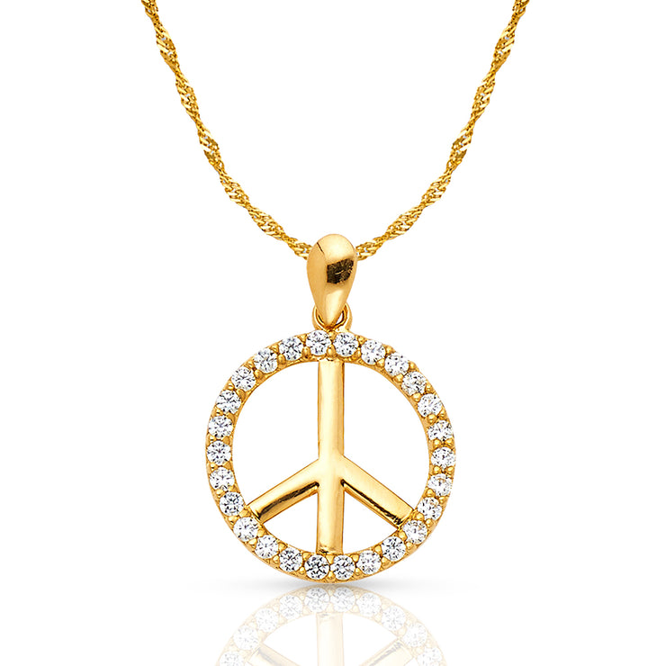 14K Gold Fancy Peace Sign CZ Charm Pendant with 1.2mm Singapore Chain Necklace