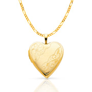 14K Gold Engraved Heart Locket Charm Pendant with 2mm Figaro 3+1 Chain Necklace