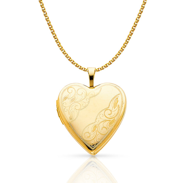 14K Gold Engraved Heart Locket Charm Pendant with 1.5mm Flat Open Wheat Chain Necklace