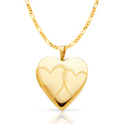 14K Gold Heart Locket Charm Pendant with 2mm Figaro 3+1 Chain Necklace