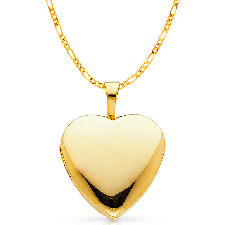 14K Gold Plain Heart Locket Charm Pendant with 2mm Figaro 3+1 Chain Necklace