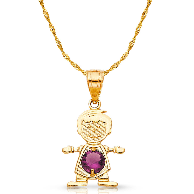 14K Gold June Birthstone CZ Boy Charm Pendant with 0.9mm Singapore Chain Necklace