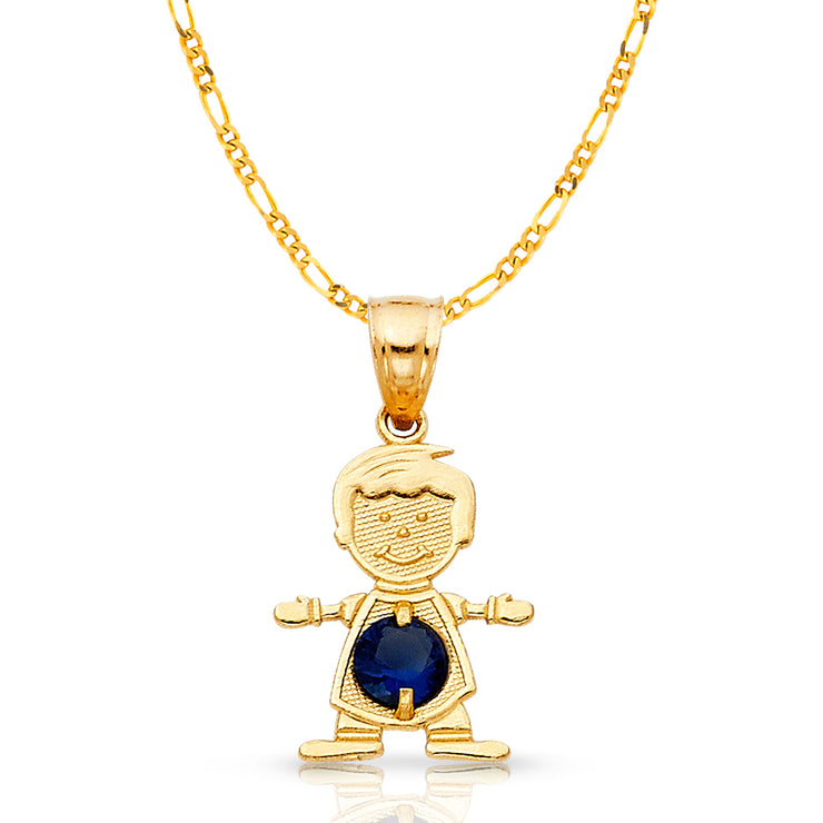 14K Gold September Birthstone CZ Boy Charm Pendant with 2mm Figaro 3+1 Chain Necklace