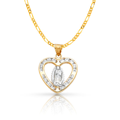 14K Gold Guadalupe CZ Charm Pendant with 2mm Figaro 3+1 Chain Necklace