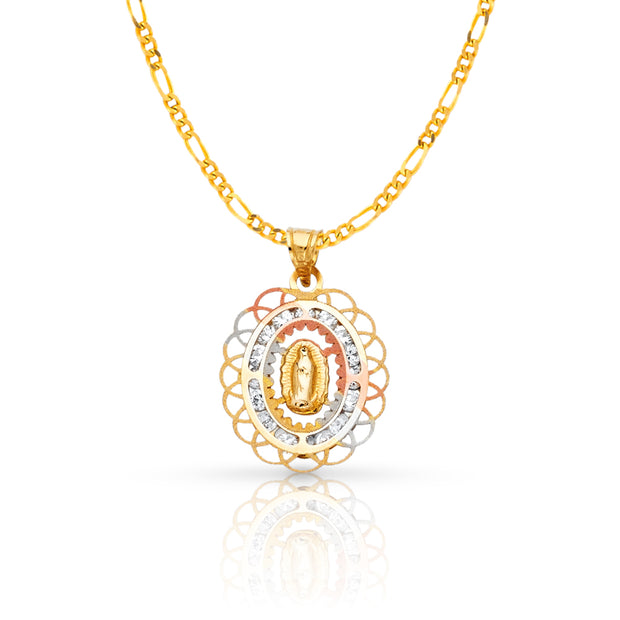 14K Gold Guadalupe CZ Pendant with 2mm Figaro 3+1 Chain