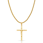 14K Gold Crucifix Charm Pendant with 1.4mm Round Wheat Chain Necklace