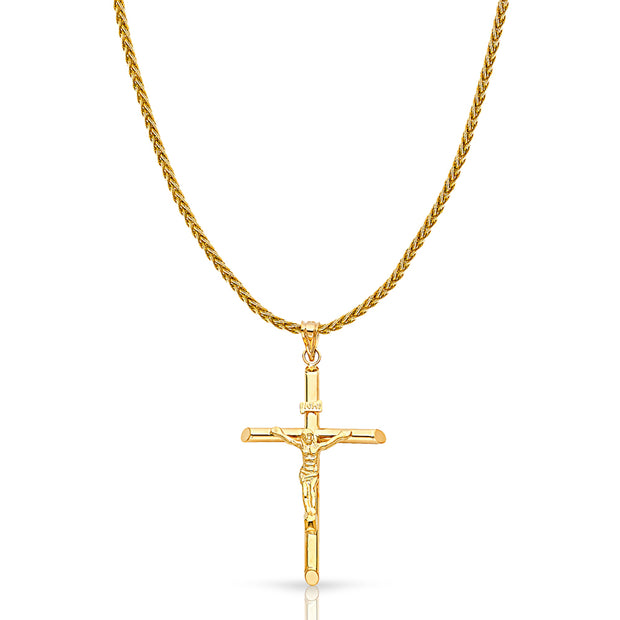 14K Gold Crucifix Charm Pendant with 1.4mm Round Wheat Chain Necklace