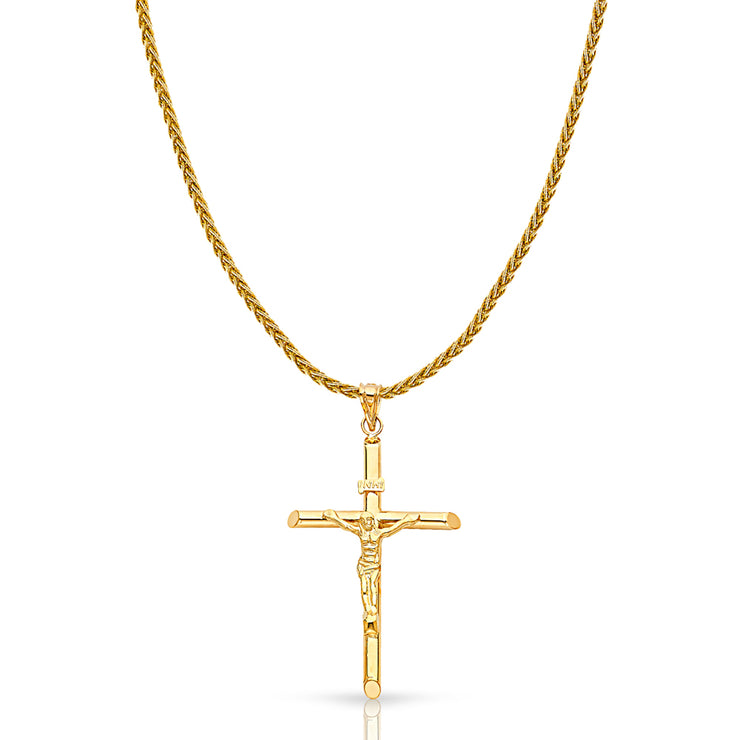 14K Gold Crucifix Charm Pendant with 1.4mm Round Wheat Chain Necklace