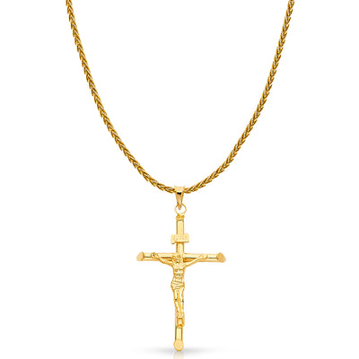 14K Gold Crucifix Charm Pendant with 1.4mm Round Wheat Chain Necklace