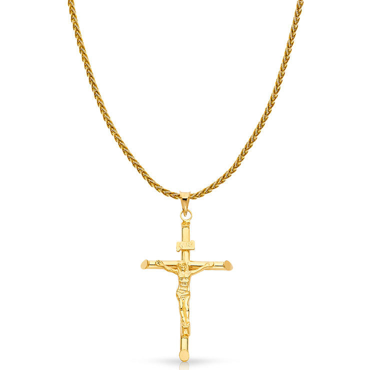 14K Gold Crucifix Charm Pendant with 1.4mm Round Wheat Chain Necklace