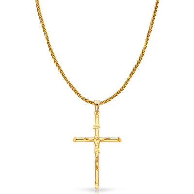 14K Gold Crucifix Charm Pendant with 1.4mm Round Wheat Chain Necklace