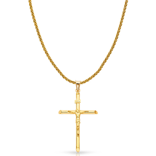 14K Gold Crucifix Charm Pendant with 1.4mm Round Wheat Chain Necklace