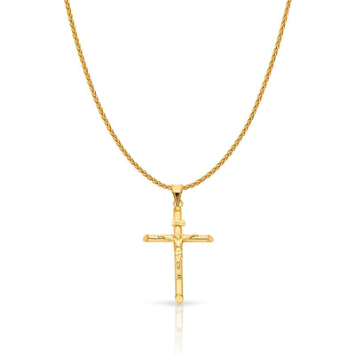 14K Gold Crucifix Charm Pendant with 1.1mm Wheat Chain Necklace