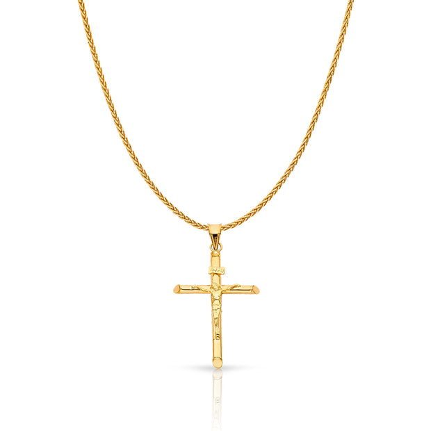 14K Gold Crucifix Charm Pendant with 1.1mm Wheat Chain Necklace