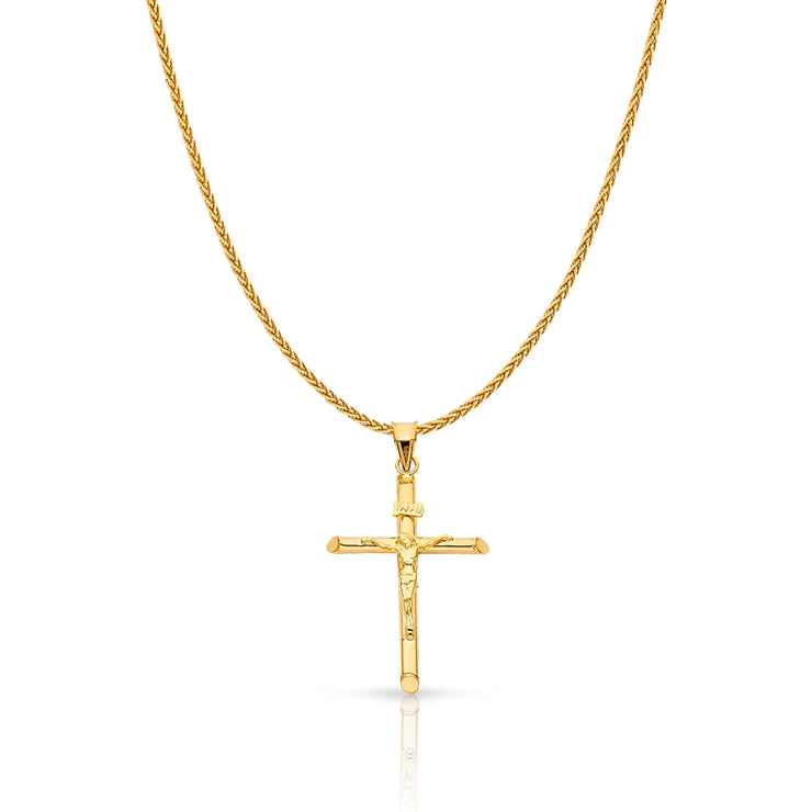 14K Gold Crucifix Charm Pendant with 1.1mm Wheat Chain Necklace