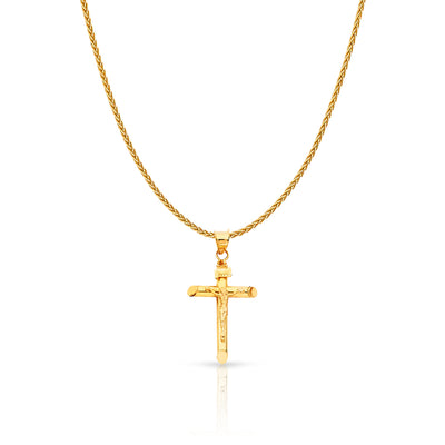 14K Gold Crucifix Charm Pendant with 1.1mm Wheat Chain Necklace