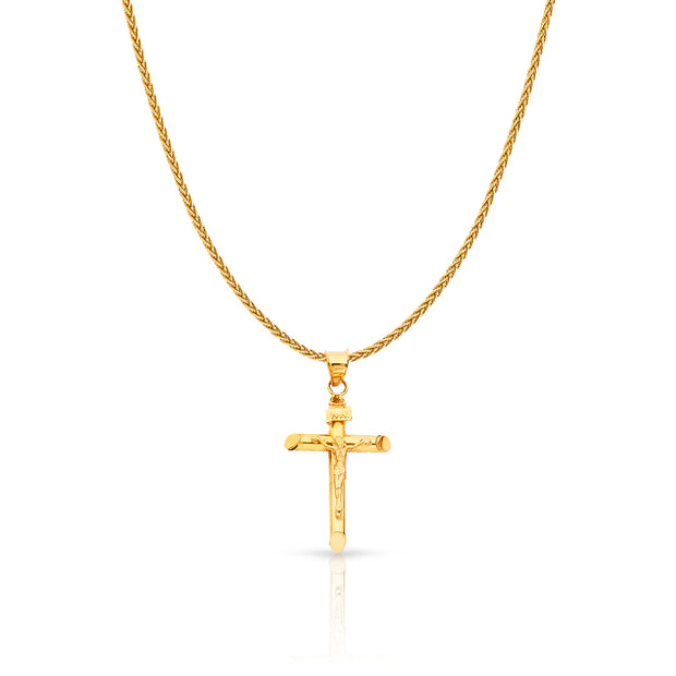 14K Gold Crucifix Charm Pendant with 1.1mm Wheat Chain Necklace