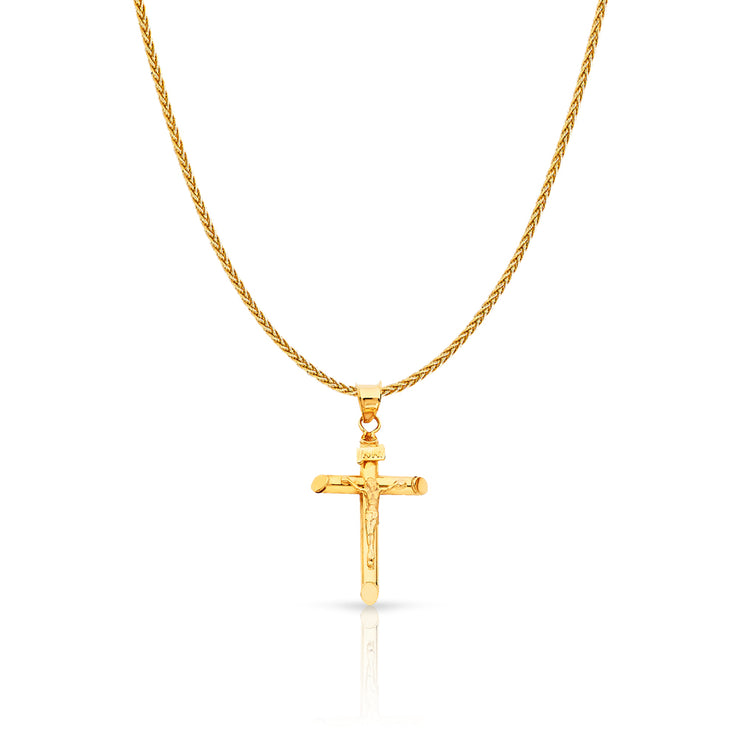 14K Gold Crucifix Charm Pendant with 1.1mm Wheat Chain Necklace