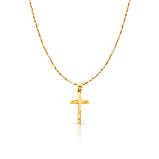 14K Gold Crucifix Charm Pendant with 0.9mm Wheat Chain Necklace