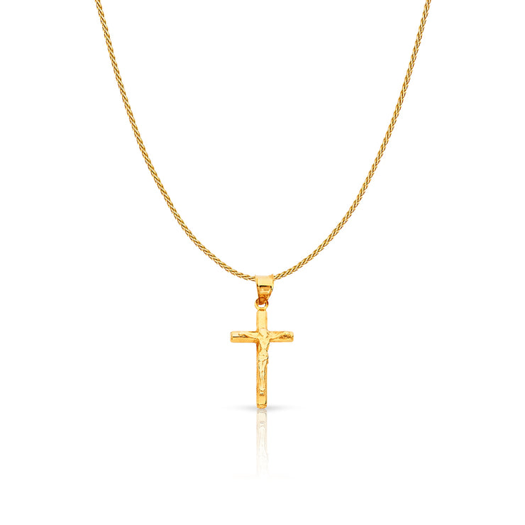 14K Gold Crucifix Charm Pendant with 0.9mm Wheat Chain Necklace